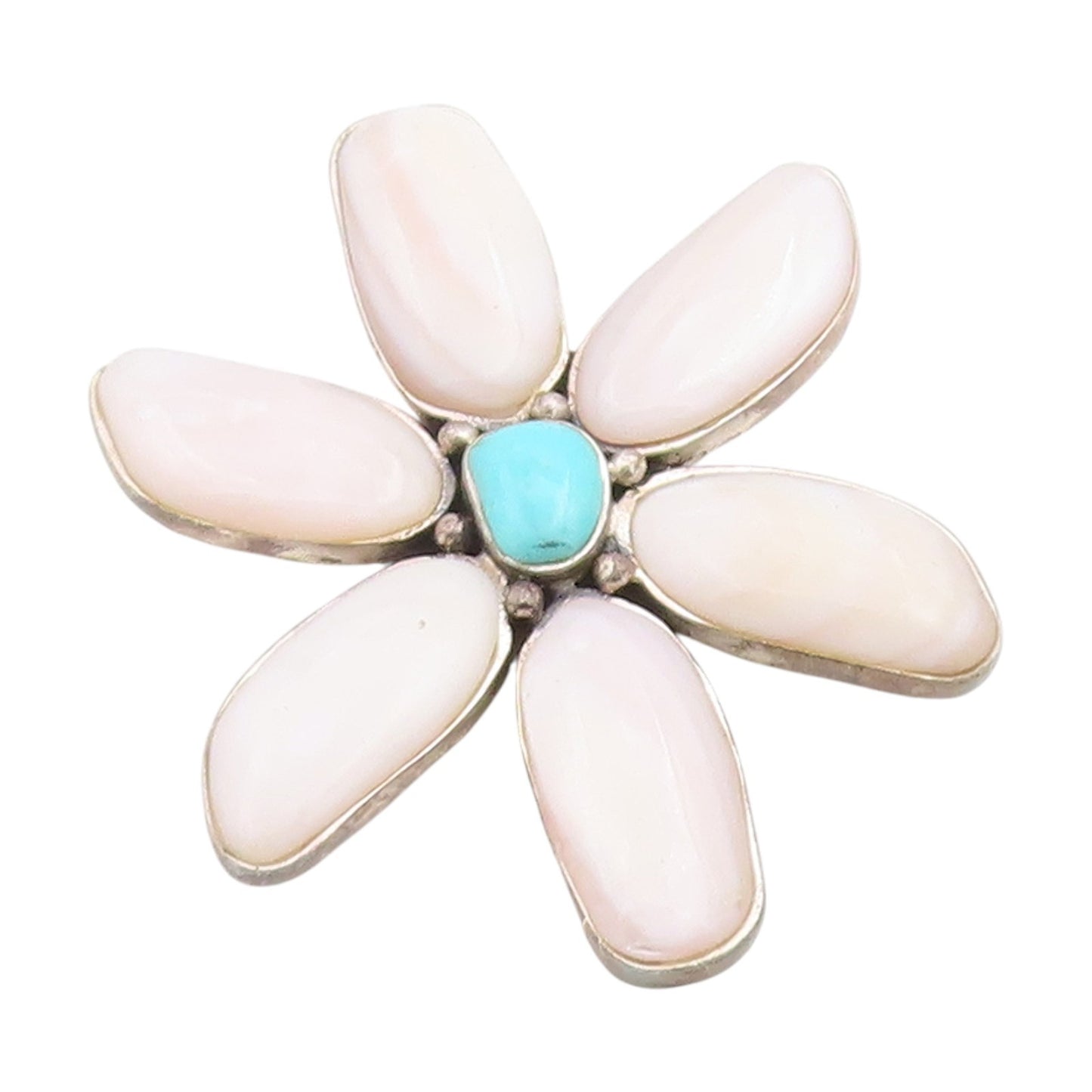 925 Sterling Silver Vintage Pendant Mother OF Pearl & Turquoise Flower  PT25875