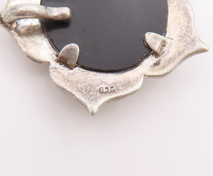 925 Sterling Silver Vintage Pendant Cabochon Onyx Floral Petal Charm  PT25486