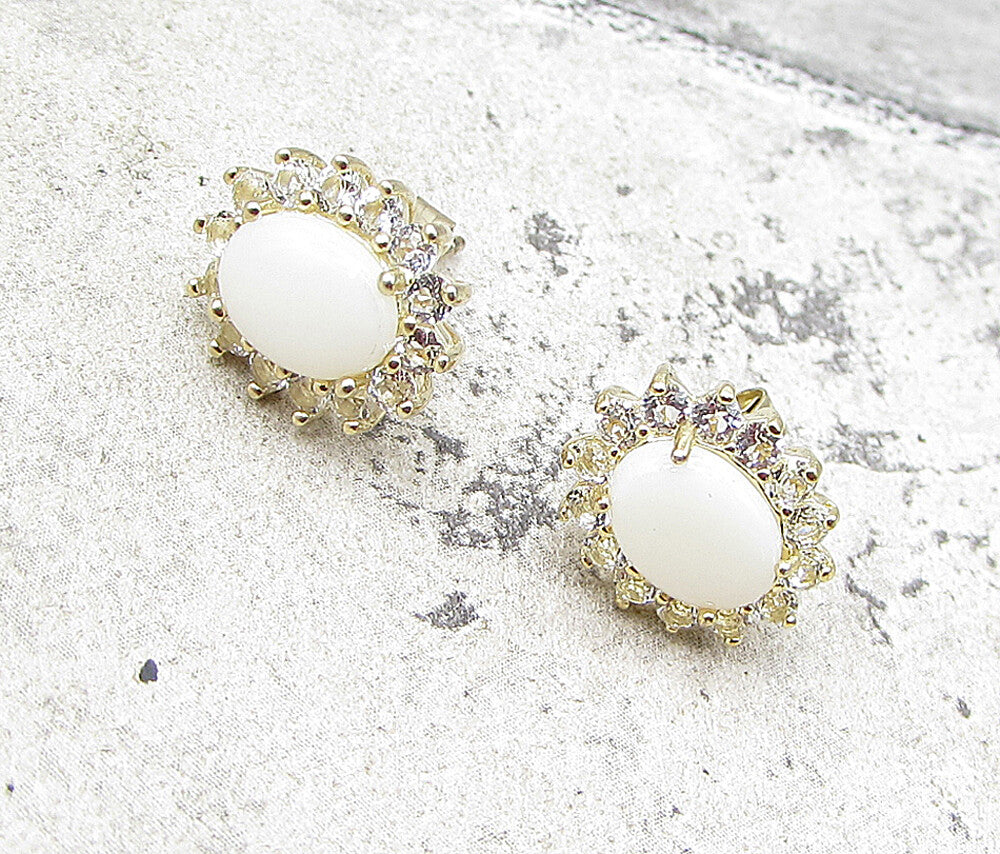 Gold Over 925 Sterling Silver Opal & White Cubic Zirconia Stud Earrings EG1786