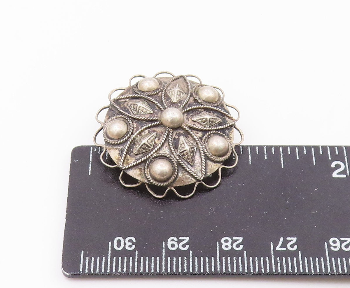 925 Sterling Silver  Vintage Wavy Edge Beaded Floral Brooch Pin  BP9619