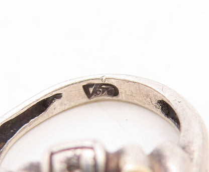 925 Sterling Silver Vintage Ring Dark Tone Diamonds Inlay Grooved Sz 5.5 RG31241