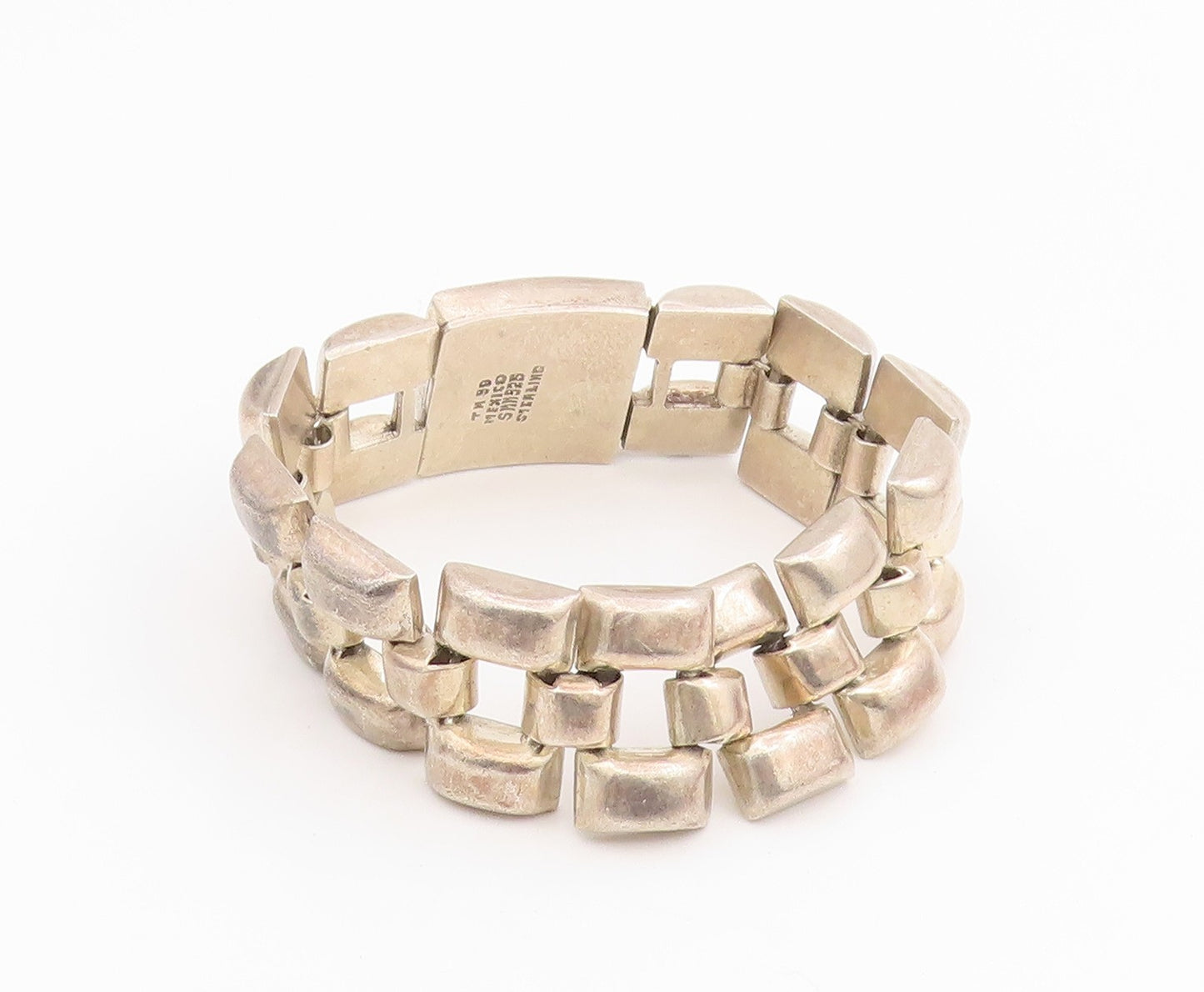 925 Sterling Silver Vintage Bracelet MEXICO Modernist Wide Panel Link  BT11614