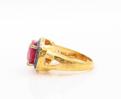925 Sterling Silver Vintage Ring Gold Plated Diamond Frame & Ruby  Sz 8  RG30199