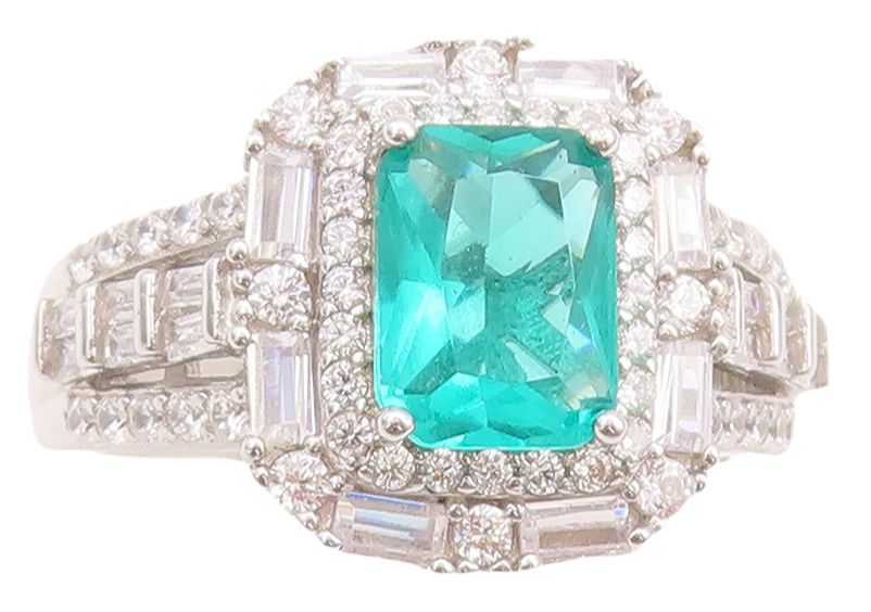 925 Sterling Silver Vintage Ring Rectangle Sea Green Halo White CZ Sz 7  RG29659