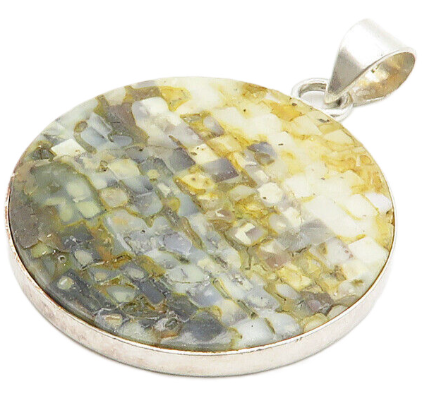 925 Sterling Silver  Vintage Mother Of Pearl Mosaic Round Pendant  PT11442