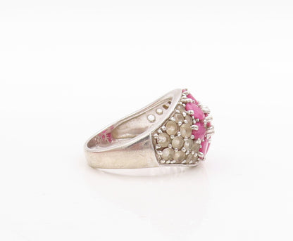 925 Sterling Silver Vintage Ring Designer Ruby & Topaz Flower  Sz 7  RG31663