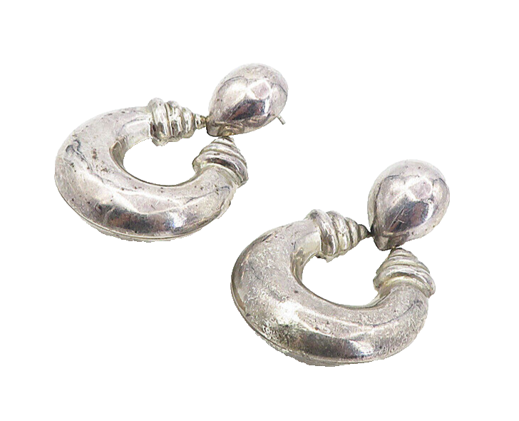 925 Sterling Silver  Vintage Dark Tone Hollow Hoop Dangle Earrings  EG4316
