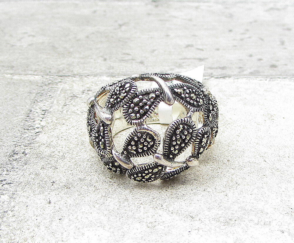 925 Sterling Silver  Marcasite Art Deco Thick Dome Band Ring Sz 8  RG1964