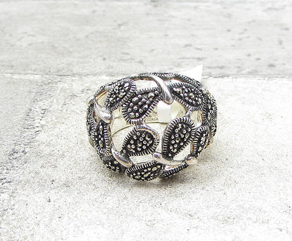 925 Sterling Silver  Marcasite Art Deco Thick Dome Band Ring Sz 8  RG1964