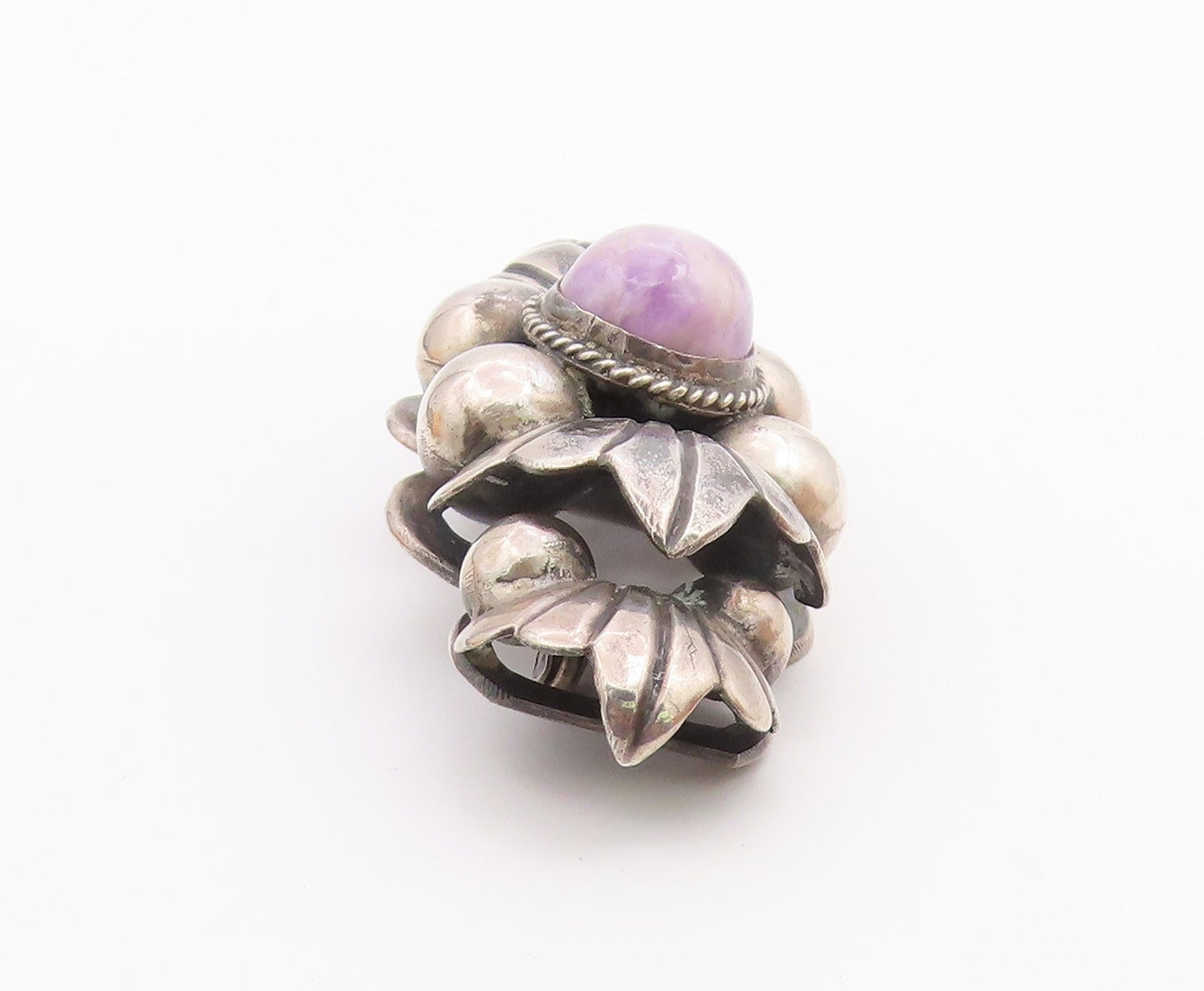 MEXICO 925 Silver  Vintage Antique Cabochon Amethyst Floral Brooch Pin  BP8260