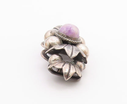 MEXICO 925 Silver  Vintage Antique Cabochon Amethyst Floral Brooch Pin  BP8260