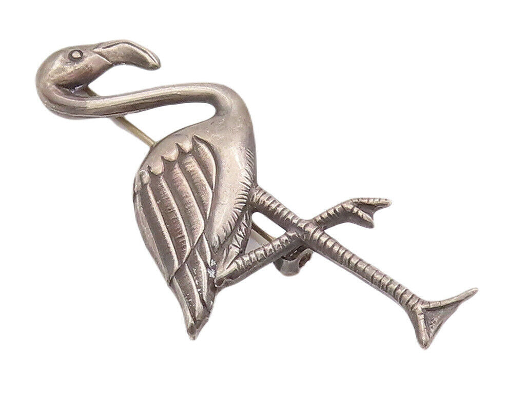 925 Sterling Silver Vintage Brooch Pin 3D Solid Carved Egret Bird  BP10835