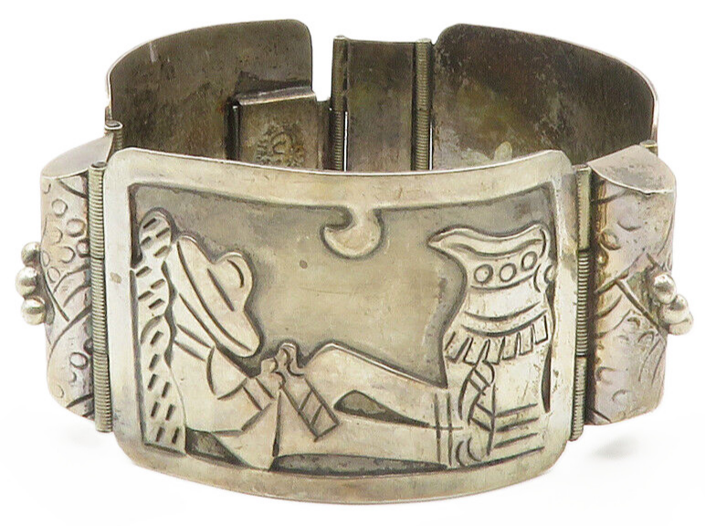 MEXICO 925 Sterling Silver  Vintage Desert Scene Panel Chain Bracelet  BT5322