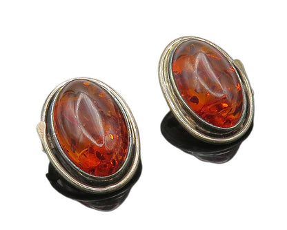 925 Sterling Silver  Vintage Cabochon Cut Amber Non Pierce Earrings  EG8274