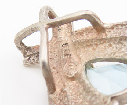 925 Sterling Silver Vintage Pendant Faceted Blue Topaz Crossover Charm  PT25480