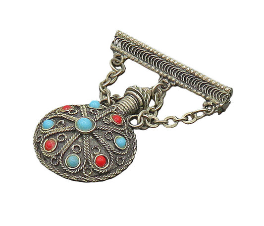 ISRAEL 925 Silver  Vintage Antique Turquoise & Coral Bottle Brooch Pin  BP8011
