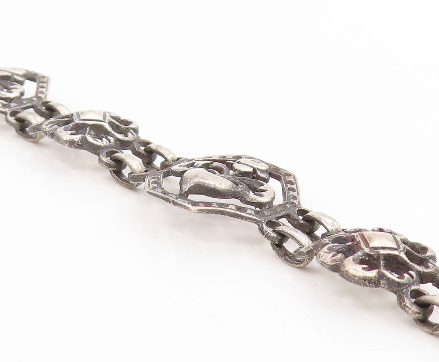 925 Sterling Silver Vintage Bracelet EUROPE Openwork Floral Love Heart  BT11736