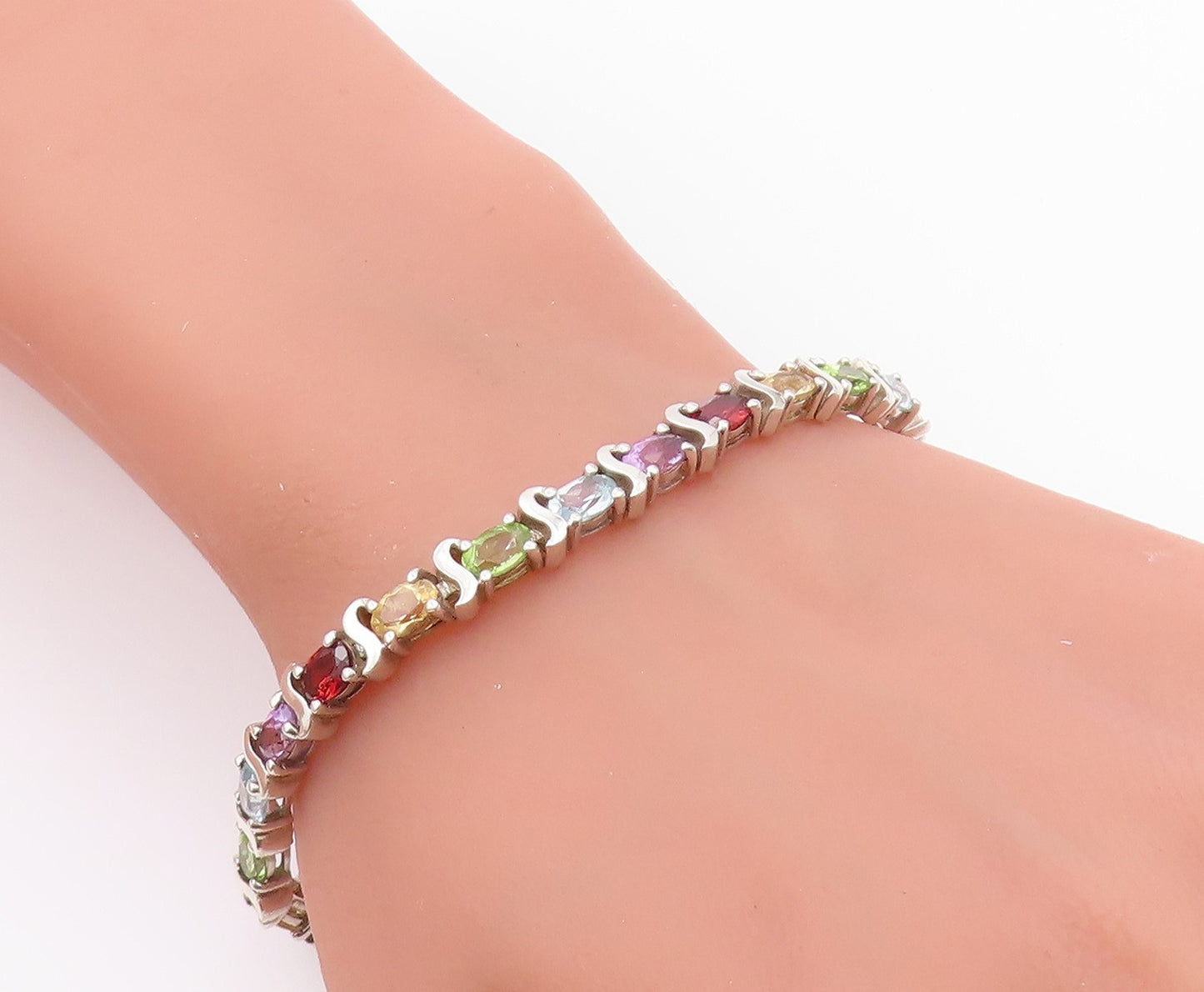 925 Sterling Silver Vintage Bracelet Classic Oval Cut Gemstone Link  BT12184