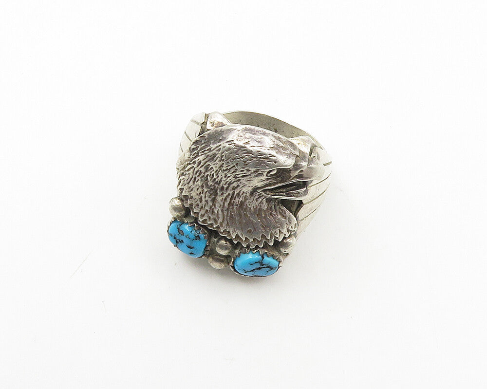 NAVAJO 925 Silver  Vintage Turquoise Eagle Head Band Ring Sz 10.5  RG18324