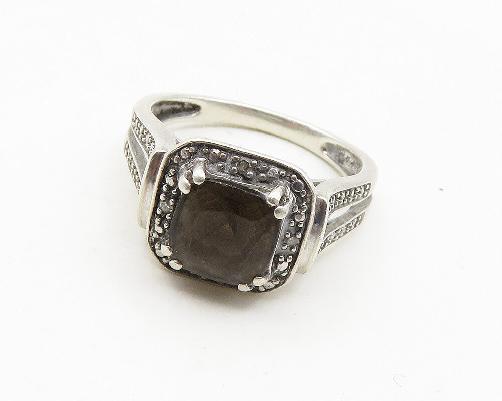 925 Silver  Vintage Smoky Topaz & Genuine Diamonds Band Ring Sz 7  RG18688