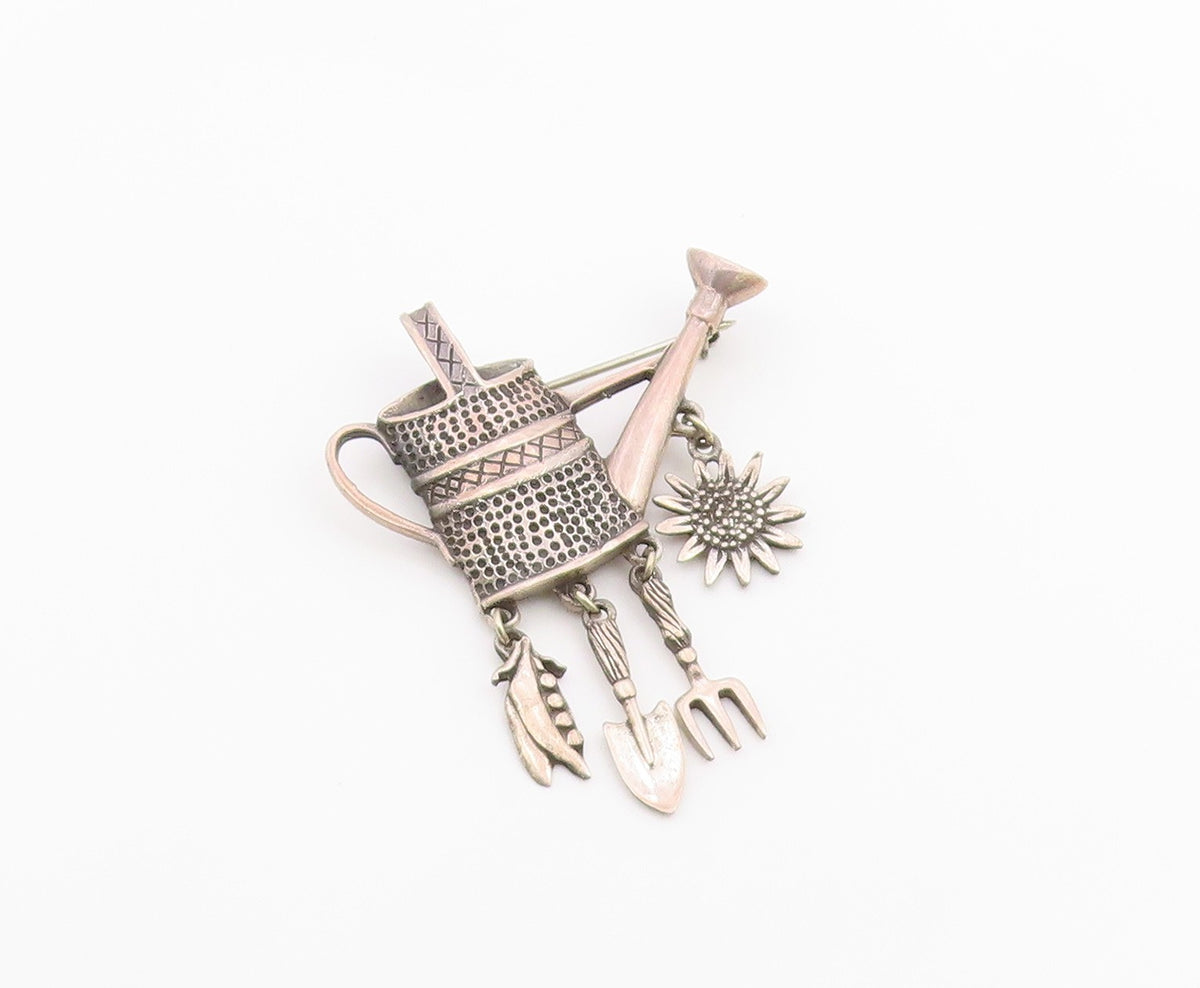 925 Sterling Silver  Vintage Dark Tone Watering Can Charmed Brooch Pin  BP3461