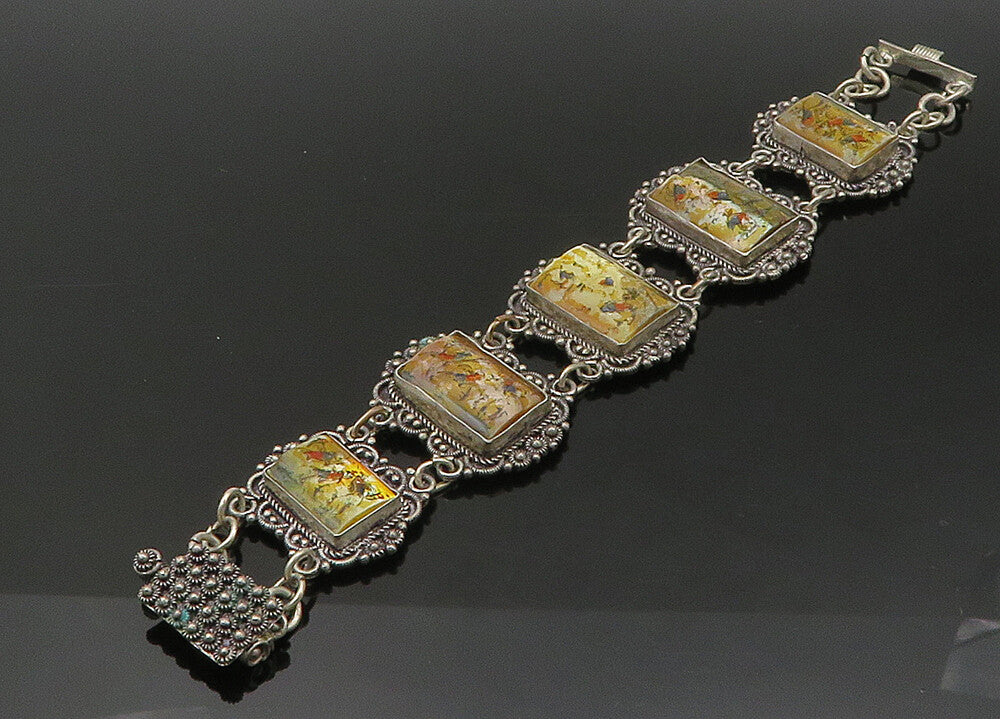 JERUSALEM 925 Sterling Silver Vintage Enameled Storyteller Bracelet  BT8705