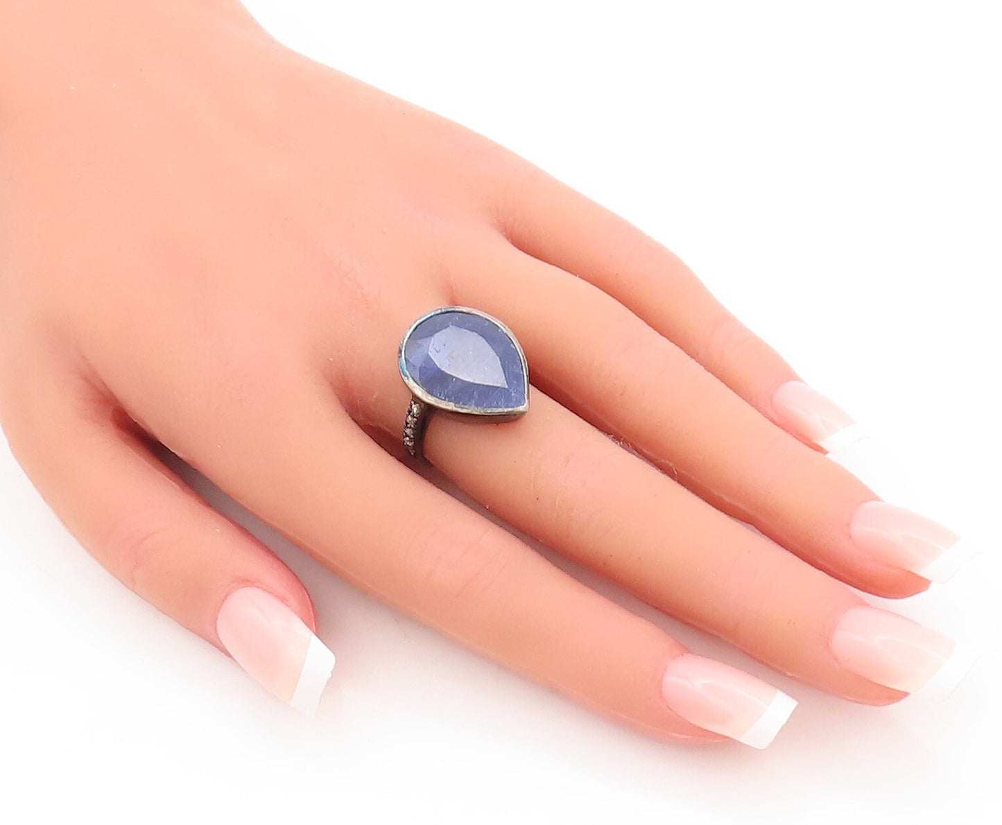 925 Sterling Silver Vintage Ring Drop Cut Blue Gemstone Diamonds  Sz 7  RG29174
