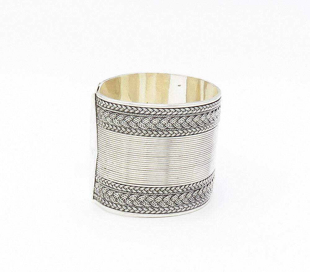 925 Sterling Silver  Vintage Shiny Braided Wheat Wide Cuff Bracelet  BT6448