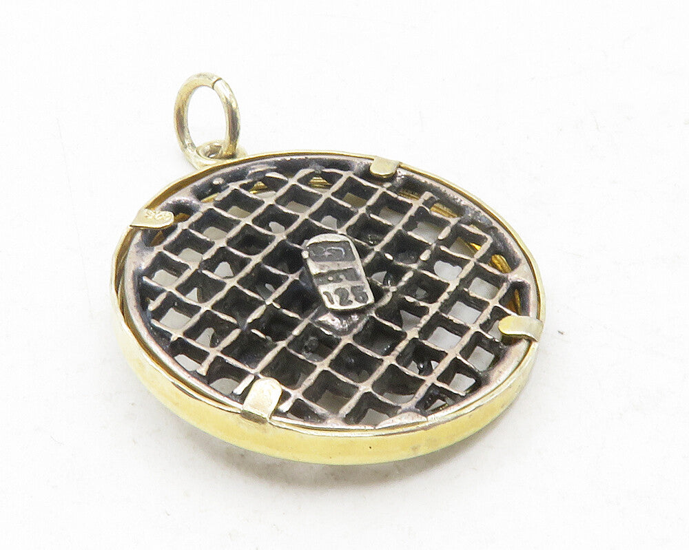 925 Sterling Silver  Two Tone 2000 Floral Ribbon Bow Round Pendant  PT9622