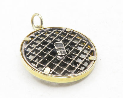 925 Sterling Silver  Two Tone 2000 Floral Ribbon Bow Round Pendant  PT9622
