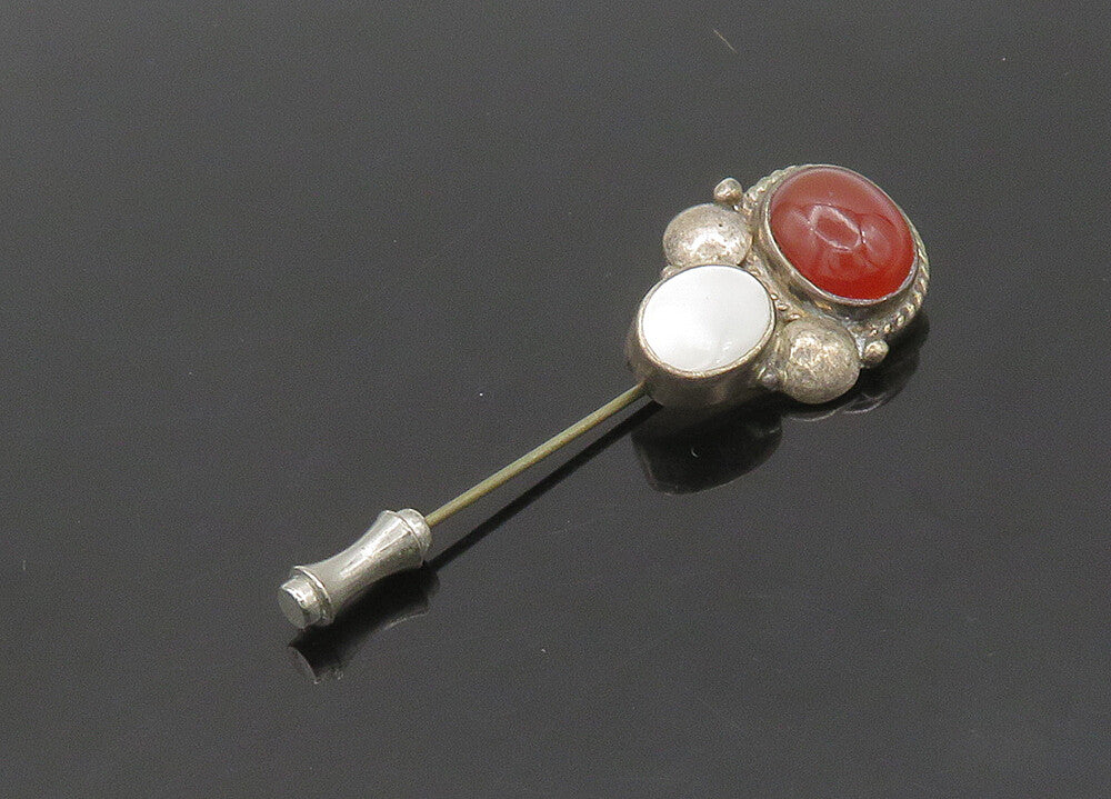 HEMMEL 925 Silver  Vintage Mother Of Pearl & Carnelian Lapel Pin  TR2975
