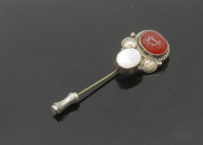 HEMMEL 925 Silver  Vintage Mother Of Pearl & Carnelian Lapel Pin  TR2975