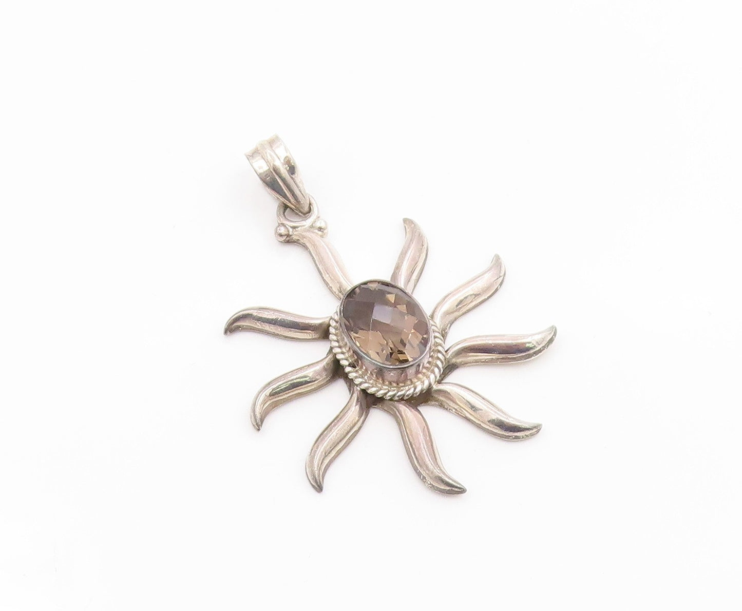 925 Sterling Silver Vintage Pendant Smoky Quartz Modernist Sunburst  PT26096