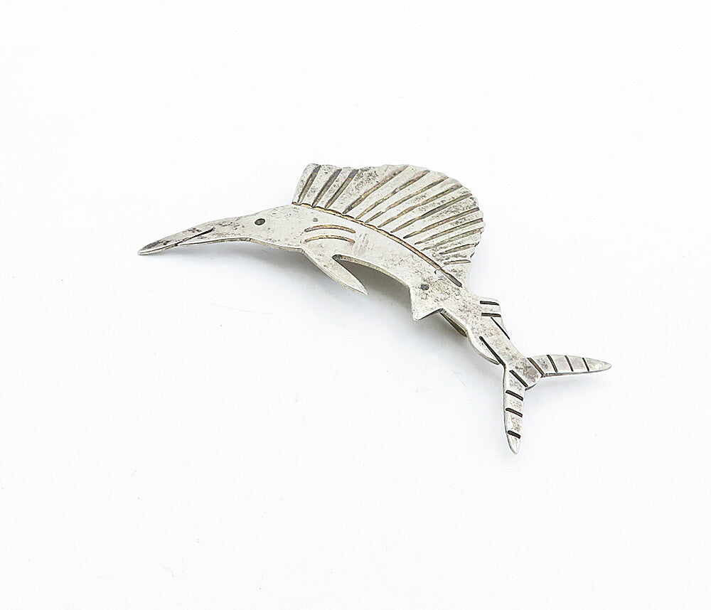 MEXICO 925 Sterling Silver  Vintage Etched Detail Swordfish Brooch Pin  BP1819