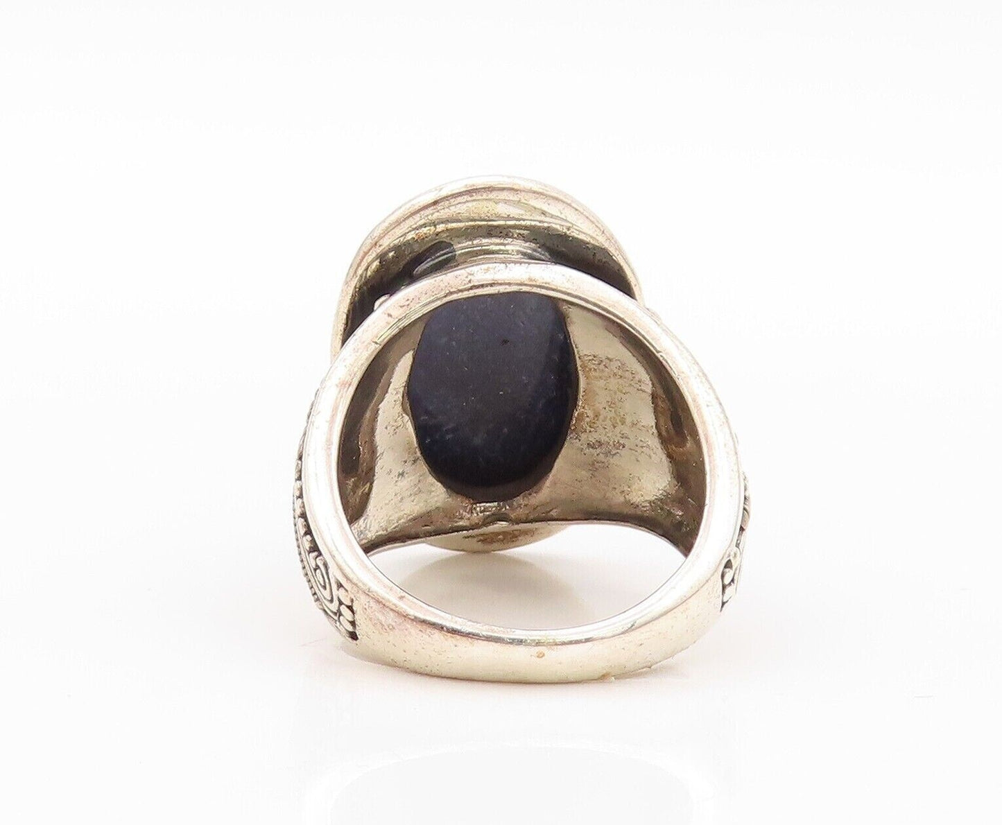 925 Sterling Silver Vintage Ring Oval Red Gemstone Halo Beaded Sz 8  RG30203