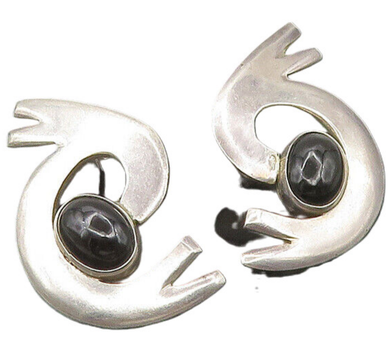 MEXICO 925 Sterling Silver  Vintage Black Onyx Modernist Drop Earrings EG10571