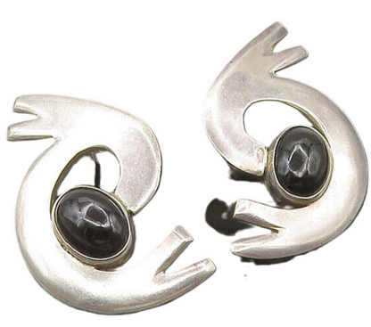 MEXICO 925 Sterling Silver  Vintage Black Onyx Modernist Drop Earrings EG10571