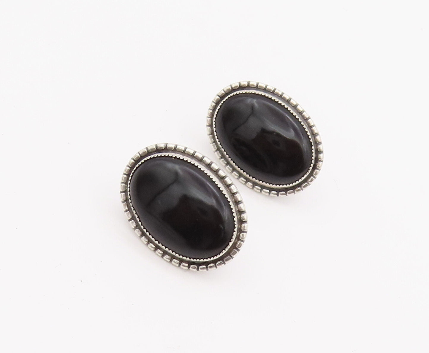 925 Sterling Silver Earrings DANCRAFT Large Carved Oval Cabochon Onyx  EG12831