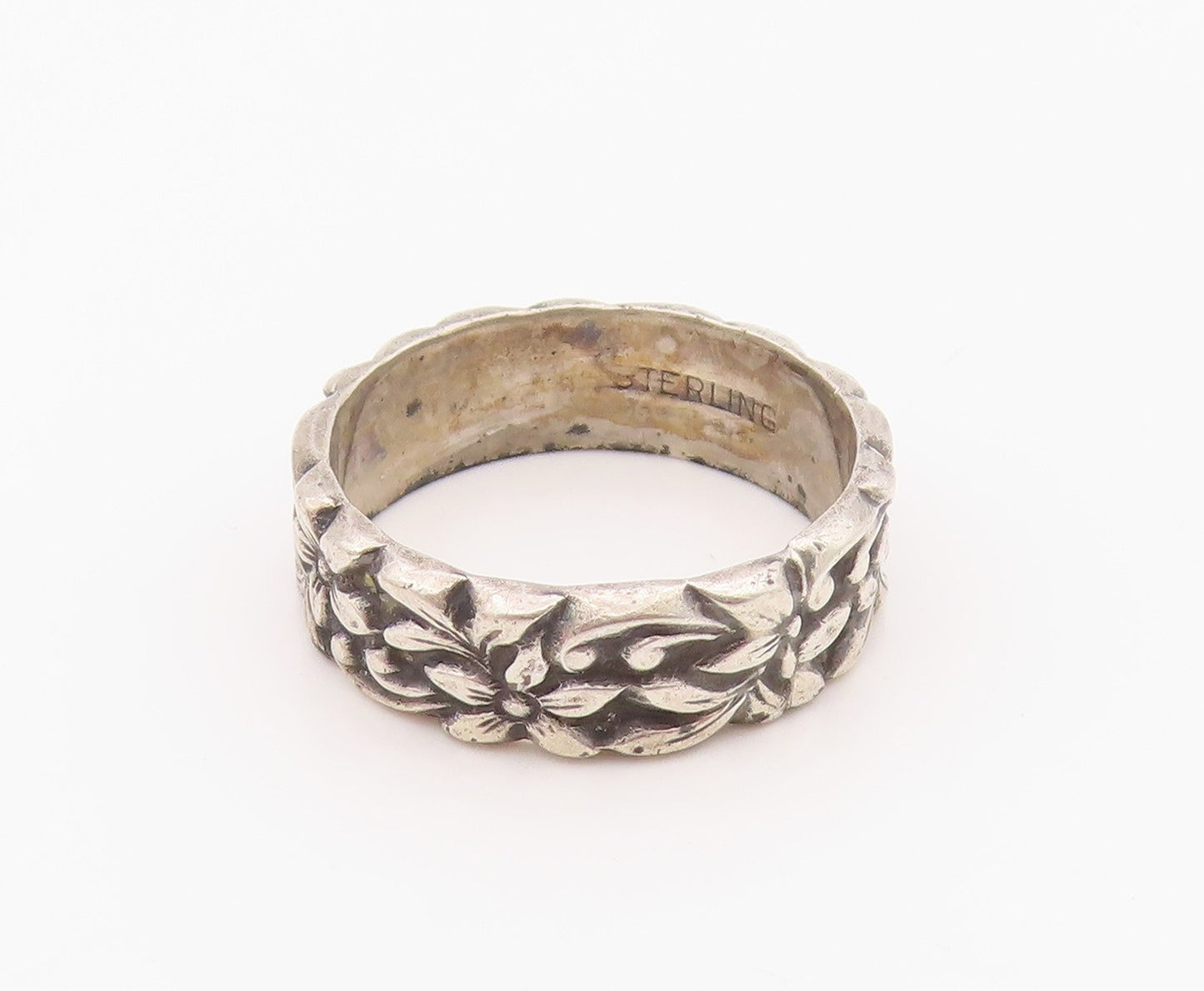 925 Sterling Silver Vintage Ring Carved Daisy Floral Vine Band  Sz 7.5  RG36318