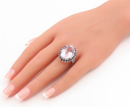 925 Sterling Silver Vintage Ring Rose Quartz Halo Sapphire Band  Sz 7.5  RG36161