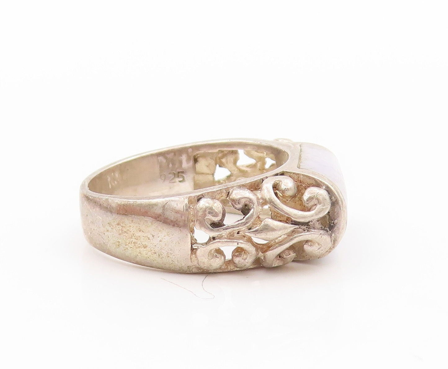 925 Sterling Silver Vintage Ring Swirly Cut Band Marble Bar Inlay  Sz 6  RG31819