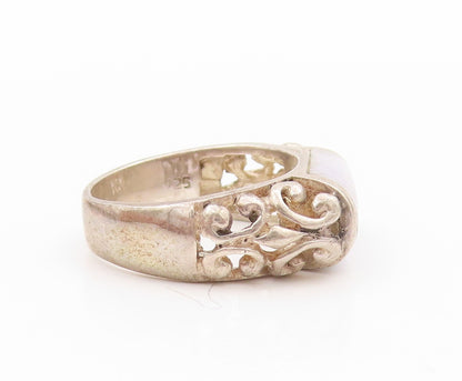 925 Sterling Silver Vintage Ring Swirly Cut Band Marble Bar Inlay  Sz 6  RG31819