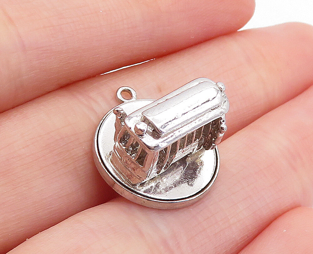 925 Sterling Silver  Vintage Petite Trolley Car Motif Pendant (TURNS)  PT4767