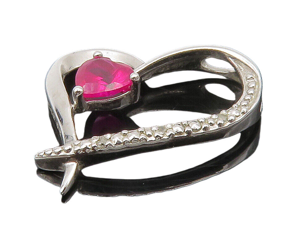 925 Sterling Silver  Pink Topaz & Genuine Diamonds Love Heart Pendant  PT12944