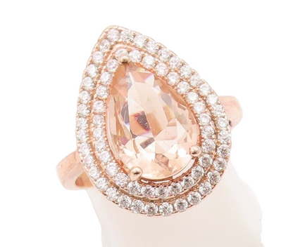 925 Sterling Silver Vintage Ring Rose Gold Plated Drop Morganite CZ Sz 7 RG29634