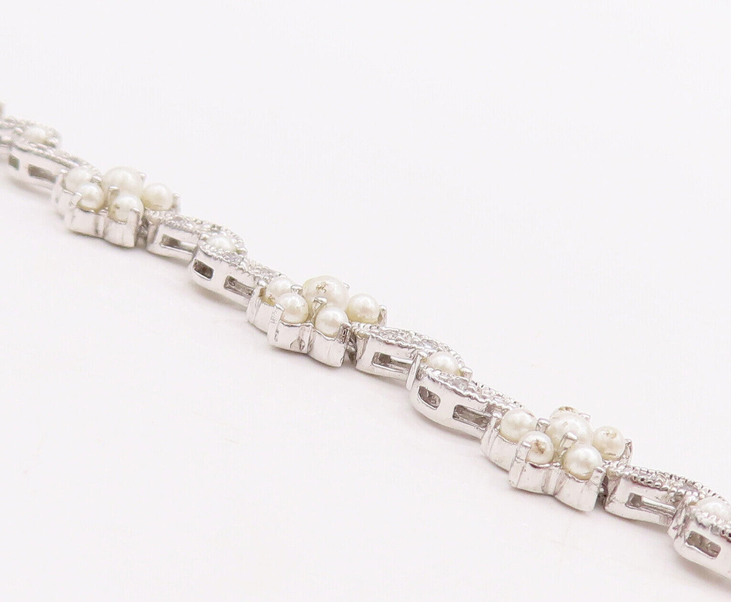 925 Sterling Silver Vintage Bracelet Cutout Pearls & CZ Inlay Flowers  BT10634