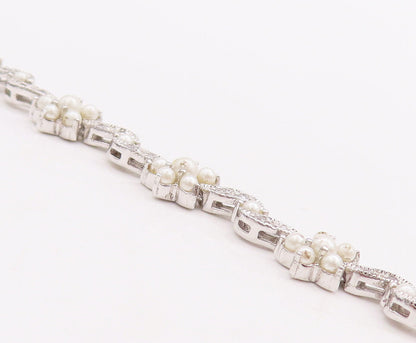 925 Sterling Silver Vintage Bracelet Cutout Pearls & CZ Inlay Flowers  BT10634