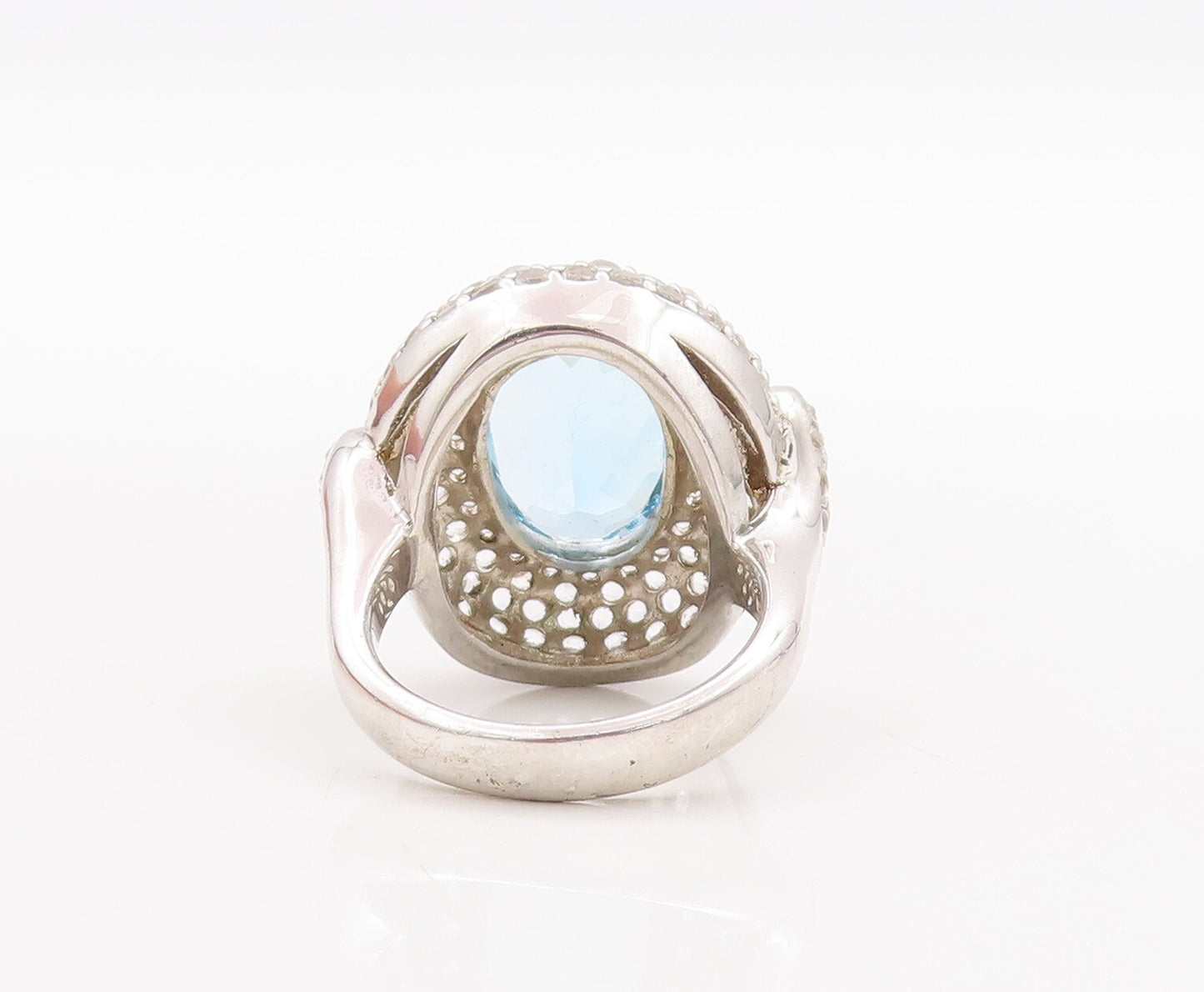 925 Sterling Silver Vintage Ring Oval Cut Blue Topaz Halo CZ  Sz 7  RG29355