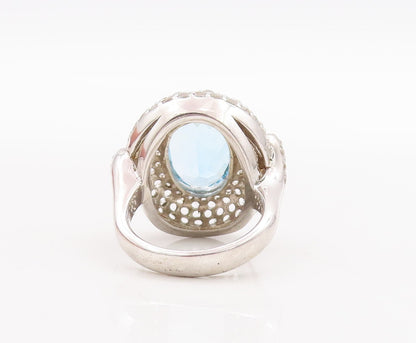 925 Sterling Silver Vintage Ring Oval Cut Blue Topaz Halo CZ  Sz 7  RG29355