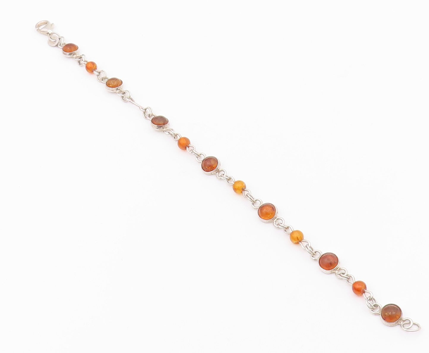 925 Sterling Silver  Vintage Cabochon Cut Amber Round Chain Bracelet  BT6849